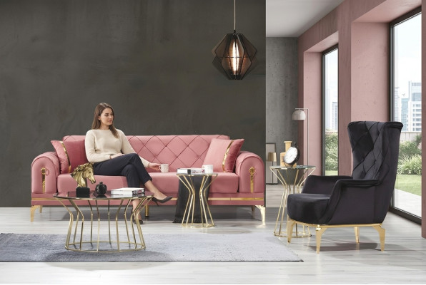 Chesterfield rosa sofá de acero inoxidable Moderno sofá tapizado de lujo de tres plazas.