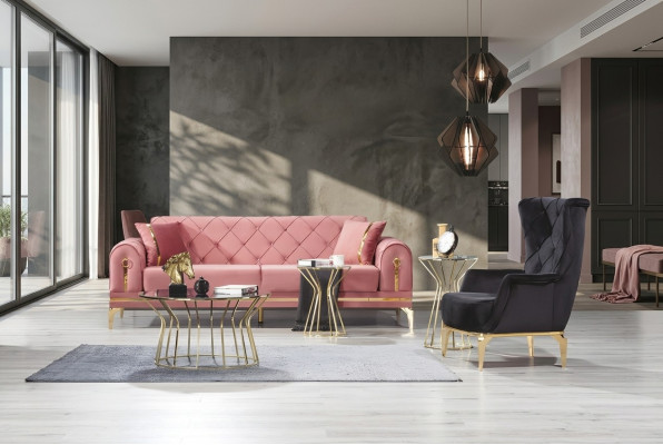 Chesterfield rosa sofá de acero inoxidable Moderno sofá tapizado de lujo de tres plazas.