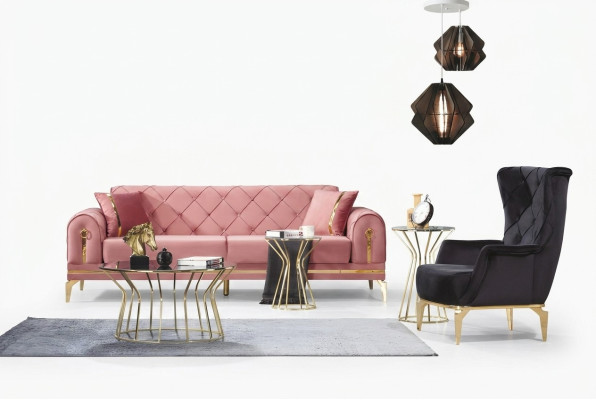Chesterfield rosa sofá de acero inoxidable Moderno sofá tapizado de lujo de tres plazas.