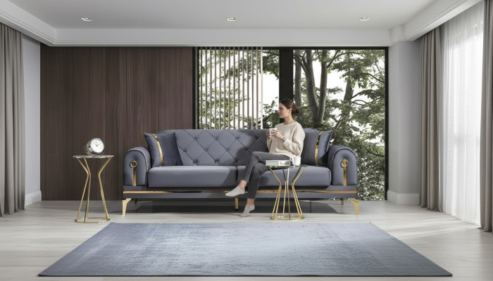 Sofá de tela gris Chesterfield para sala de estar de diseñador de tres plazas.