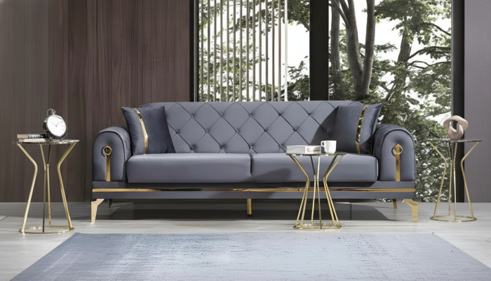 Sofá de tela gris Chesterfield para sala de estar de diseñador de tres plazas.