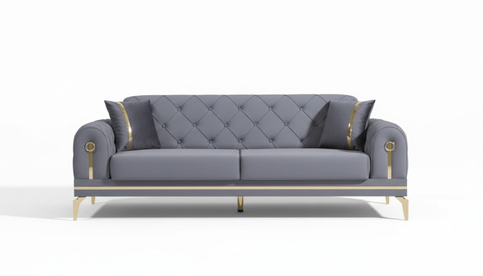 Sofá de tela gris Chesterfield para sala de estar de diseñador de tres plazas.