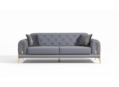 Sofá de tela gris Chesterfield para sala de estar de diseñador de tres plazas.
