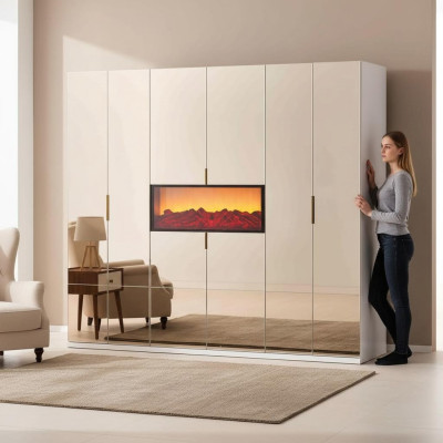 Armario de dormitorio en beige, guardarropa de diseñador, elegantes armarios de madera.