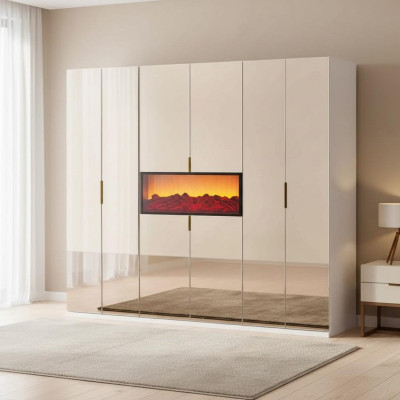 Armario de dormitorio en beige, guardarropa de diseñador, elegantes armarios de madera.