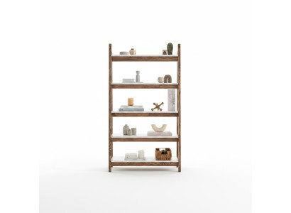 Mueble de diseñador de sala de estar en blanco y marrón, estantería de libros de madera.