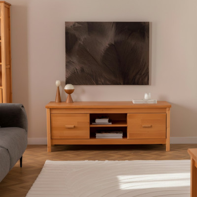 Elegante mesa baja de TV marrón de madera para salón con cajones.