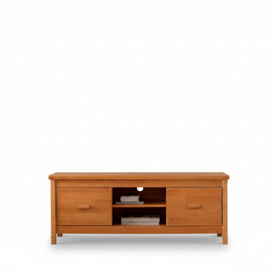 Elegante mesa baja de TV marrón de madera para salón con cajones.