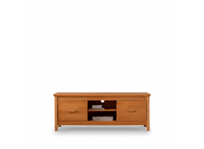 Elegante mesa baja de TV marrón de madera para salón con cajones.