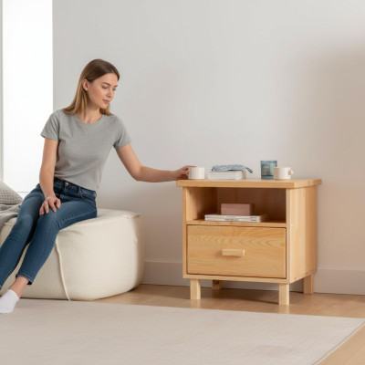 Mesita de noche de cajones beige para dormitorio