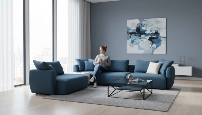 Sofá esquinero azul lujoso moderno en forma de L para sala de estar