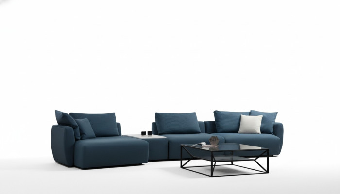 Sofá esquinero azul lujoso moderno en forma de L para sala de estar