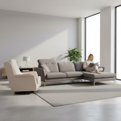 Sofá esquinero de diseño gris-blanco para sala de estar con sillón