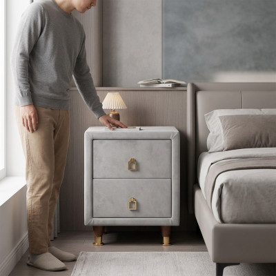 Mesita de noche acolchada gris claro, muebles de diseñador para dormitorio, mesita de noche.