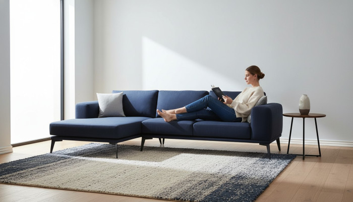 Sofá esquinero en forma de L Azul oscuro Unicolor Material textil con cojines Sala de estar