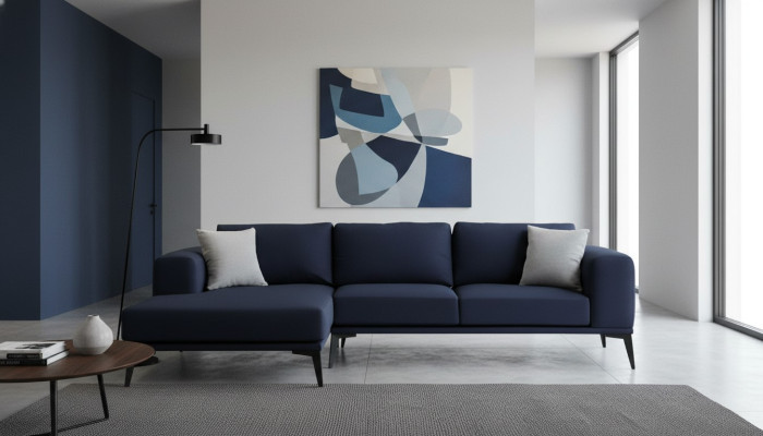 Sofá esquinero en forma de L Azul oscuro Unicolor Material textil con cojines Sala de estar