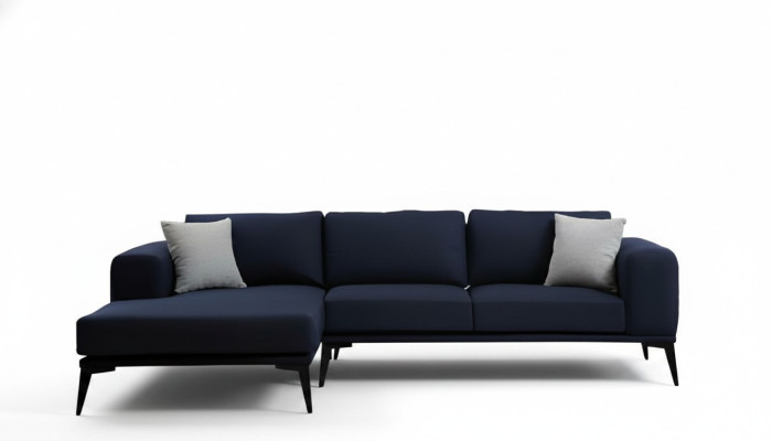 Sofá esquinero en forma de L Azul oscuro Unicolor Material textil con cojines Sala de estar