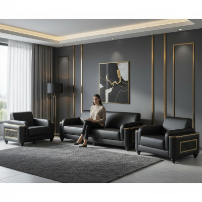 Estudio sofá de 3 plazas con sillón negro de estilo monocromático para salón.