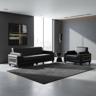 Estudio sofá de 3 plazas con sillón negro de estilo monocromático para salón.