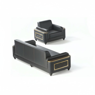 Estudio sofá de 3 plazas con sillón negro de estilo monocromático para salón.