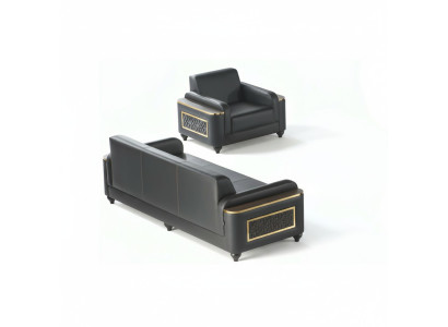 Estudio sofá de 3 plazas con sillón negro de estilo monocromático para salón.