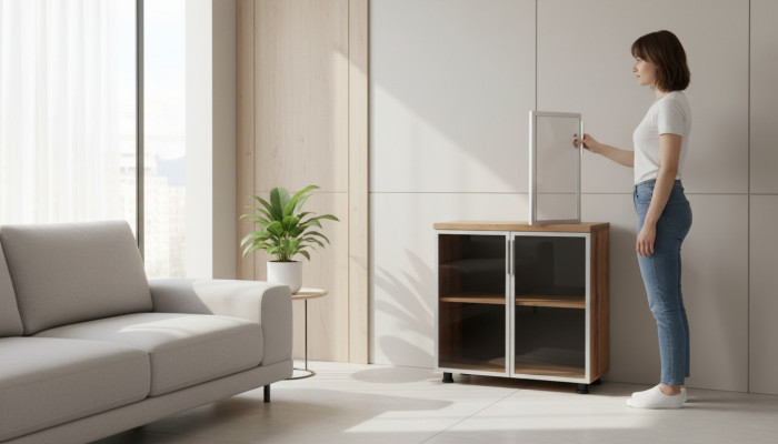 Armario de archivos con puertas de cristal en marrón unicolor, estante insertable, para el estudio.