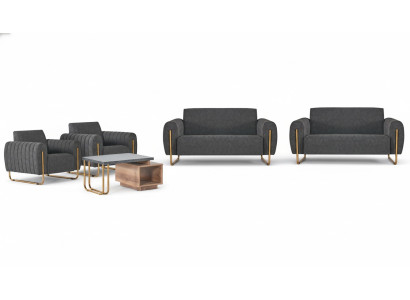 Sofá de oficina gris noble de 2 plazas con cojines y mesa de centro de madera, muebles tapizados.