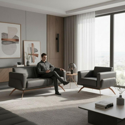 Set de sala de estar de 2 piezas con sofá de 2 plazas y sillón gris monocromático.