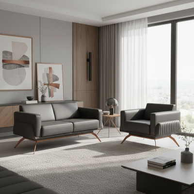 Set de sala de estar de 2 piezas con sofá de 2 plazas y sillón gris monocromático.