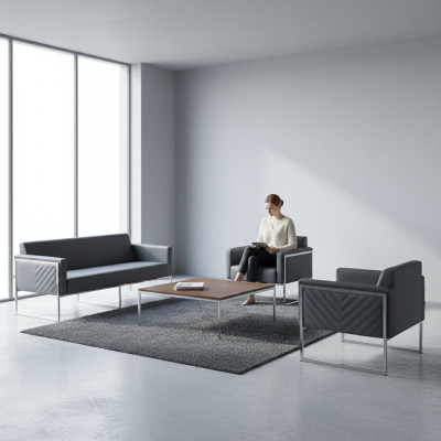 Set de sala de trabajo de 3 piezas con sofá de 3 plazas y 2 sillones en gris de estilo moderno.