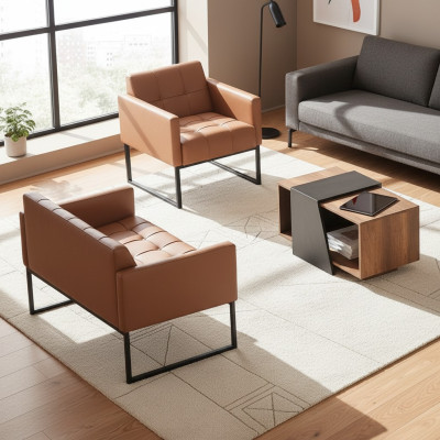Despacho Marrón Gris Set de 3 piezas 2 plazas Sillón Mesa de centro Estilo moderno