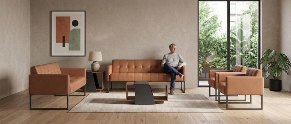 Conjunto de oficina de 5 piezas: sofá de 3 plazas, sofá de 2 plazas, 2 sillones, mesa de centro, estilo marrón.