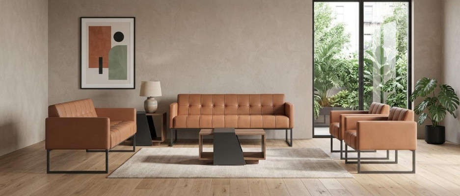 Conjunto de oficina de 5 piezas: sofá de 3 plazas, sofá de 2 plazas, 2 sillones, mesa de centro, estilo marrón.