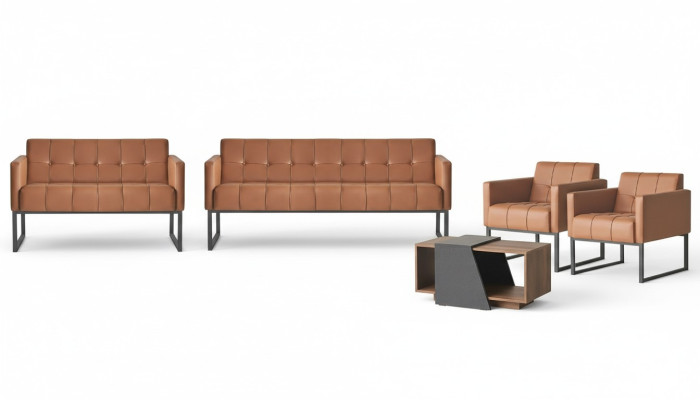 Conjunto de oficina de 5 piezas: sofá de 3 plazas, sofá de 2 plazas, 2 sillones, mesa de centro, estilo marrón.