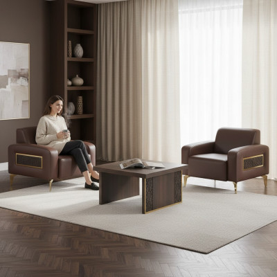 Juego de sala 3 piezas con 2 sillones y mesa de centro marrón liso para sala.