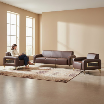 Set de estudio de 3 piezas, 3 plazas con 2 sillones marrones monocromáticos para sala de estar.