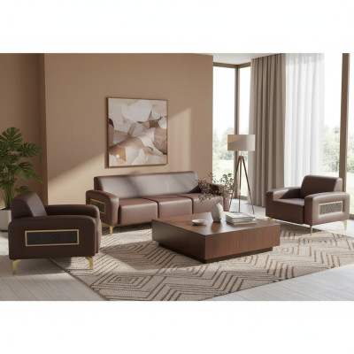 Set de estudio de 3 piezas, 3 plazas con 2 sillones marrones monocromáticos para sala de estar.