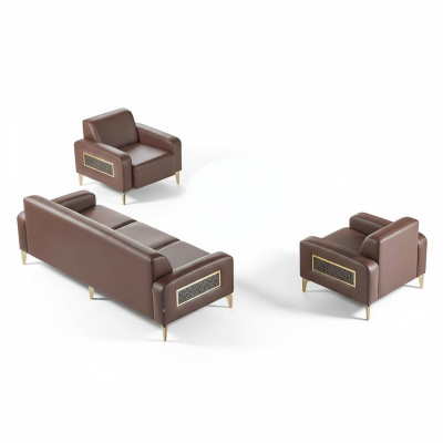 Set de estudio de 3 piezas, 3 plazas con 2 sillones marrones monocromáticos para sala de estar.
