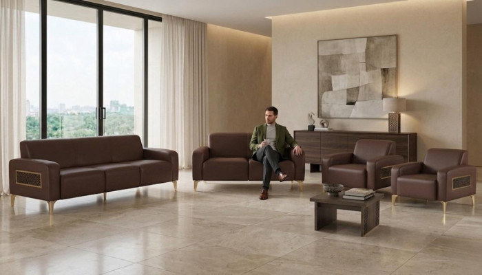Exclusivo mobiliario de oficina marrón, mesa de centro de diseñador, sillón, 2 sofás.