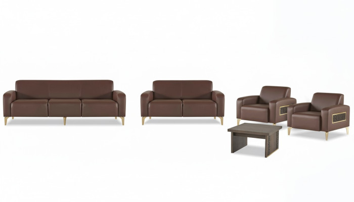 Exclusivo mobiliario de oficina marrón, mesa de centro de diseñador, sillón, 2 sofás.