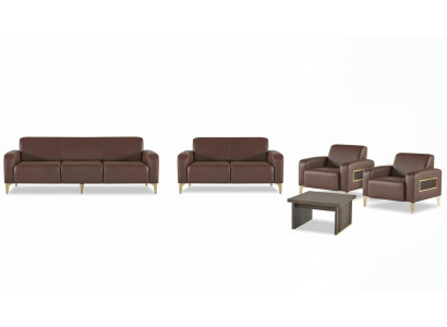 Exclusivo mobiliario de oficina marrón, mesa de centro de diseñador, sillón, 2 sofás.