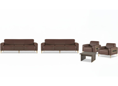 Sofá de cuero marrón para la sala de estar de tres plazas, 2 sillones, mesa de centro