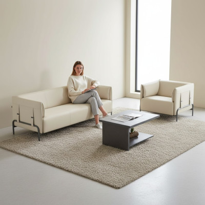 Conjunto de oficina de 3 piezas en beige, sillón de 3 plazas en gris y mesa de centro para sala de estar.