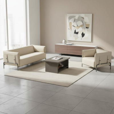 Conjunto de oficina de 3 piezas en beige, sillón de 3 plazas en gris y mesa de centro para sala de estar.