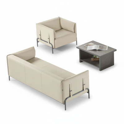 Conjunto de oficina de 3 piezas en beige, sillón de 3 plazas en gris y mesa de centro para sala de estar.