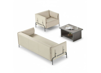 Conjunto de oficina de 3 piezas en beige, sillón de 3 plazas en gris y mesa de centro para sala de estar.