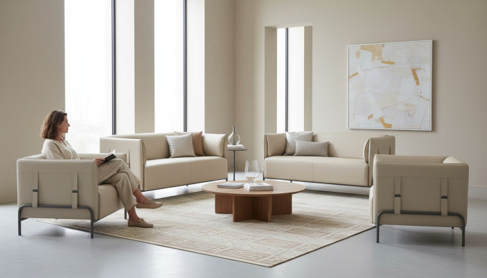 Conjunto de estudio 4 piezas Beige 2x Sofá de 2 plazas 2x Sillón Color sólido Sala de estar