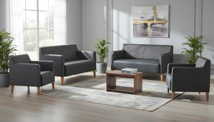 Conjunto de estudio 5 piezas Negro 2x Sofá de 2 plazas 2x Sillón Marrón Mesa de centro