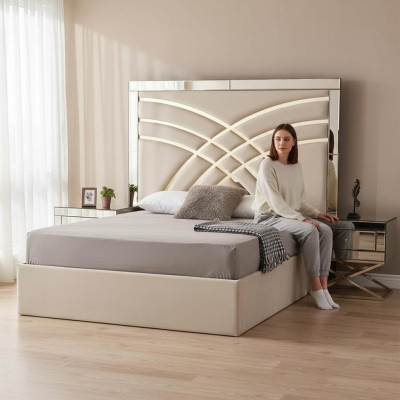 Muebles de dormitorio beige Textil cama de lujo de madera 2x mesitas de noche 3 piezas