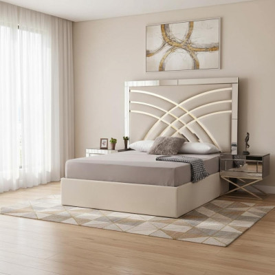 Muebles de dormitorio beige Textil cama de lujo de madera 2x mesitas de noche 3 piezas
